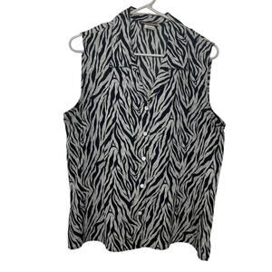 Notations women's large black white zebra print sleeveless blouse top button up